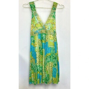 Vintage Tebi Womens Blue Green Floral Sleeveless Fit and Flare Dress Size 40 Siz